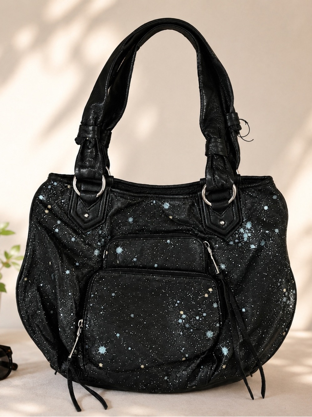 Aimee Kestenberg Galaxy Print Leather Tote Bag Black Shoulder Bag